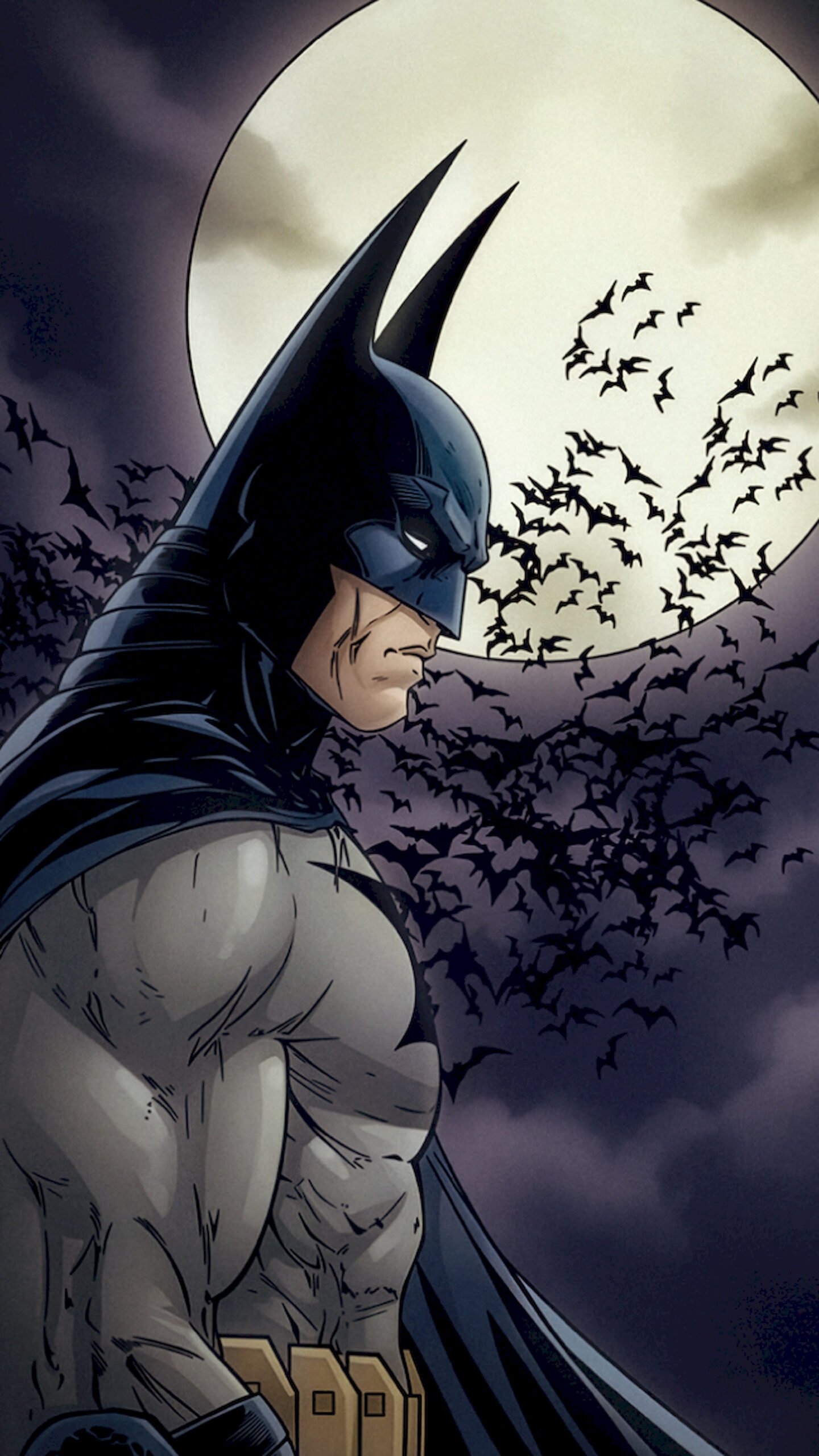 Profile illustration of Batman looking down with a serious expression, standing against a large bright full moon with a flock of bats flying in the background.