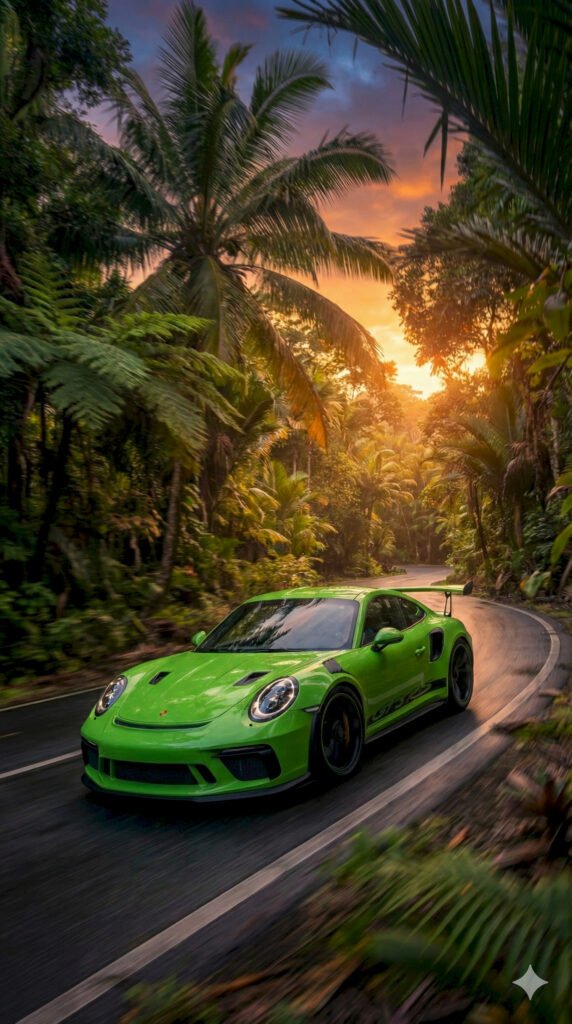 "Green Porsche 911 GT3 RS driving fast on a tropical road with palm trees at sunset."
