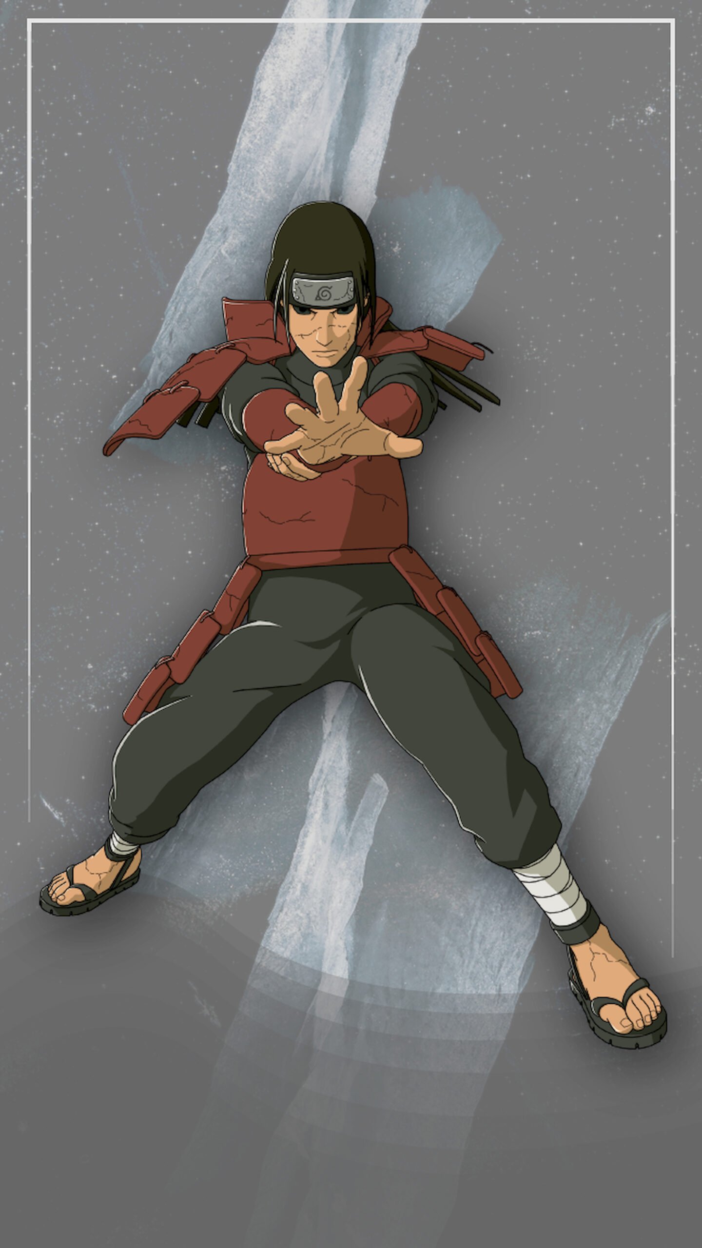 "Anime character Hashirama Senju from Naruto Shippuden in a dynamic fighting pose, wearing red armor and a headband, against a grey grunge background."