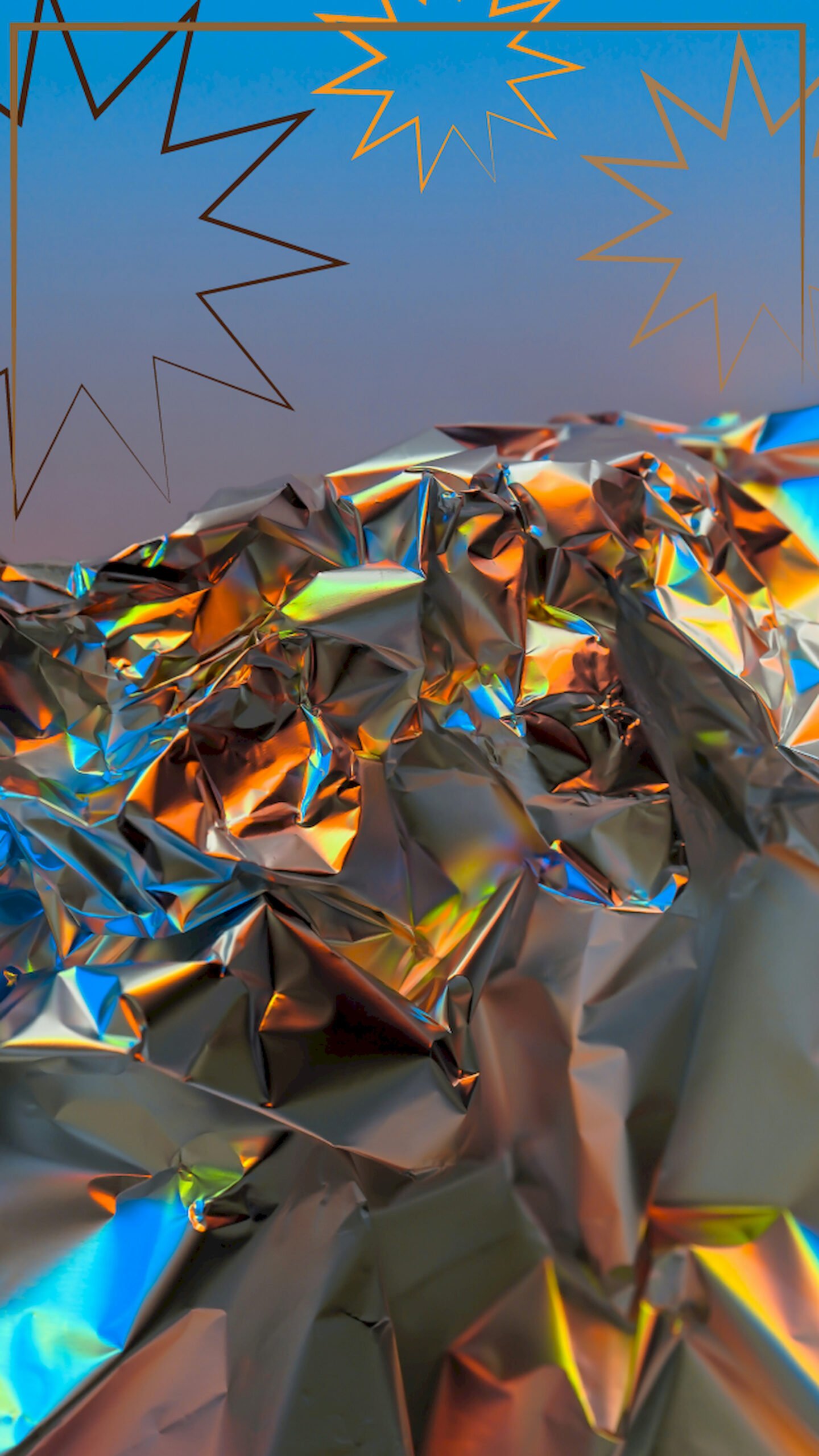 Close-up texture of crumpled silver foil reflecting blue and orange light, with abstract star outlines at the top.