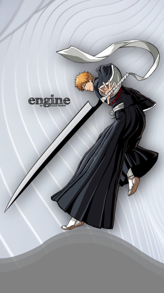 "Anime character Ichigo Kurosaki from Bleach jumping sideways holding his large sword Zangetsu, wearing a black robe against a white abstract background."