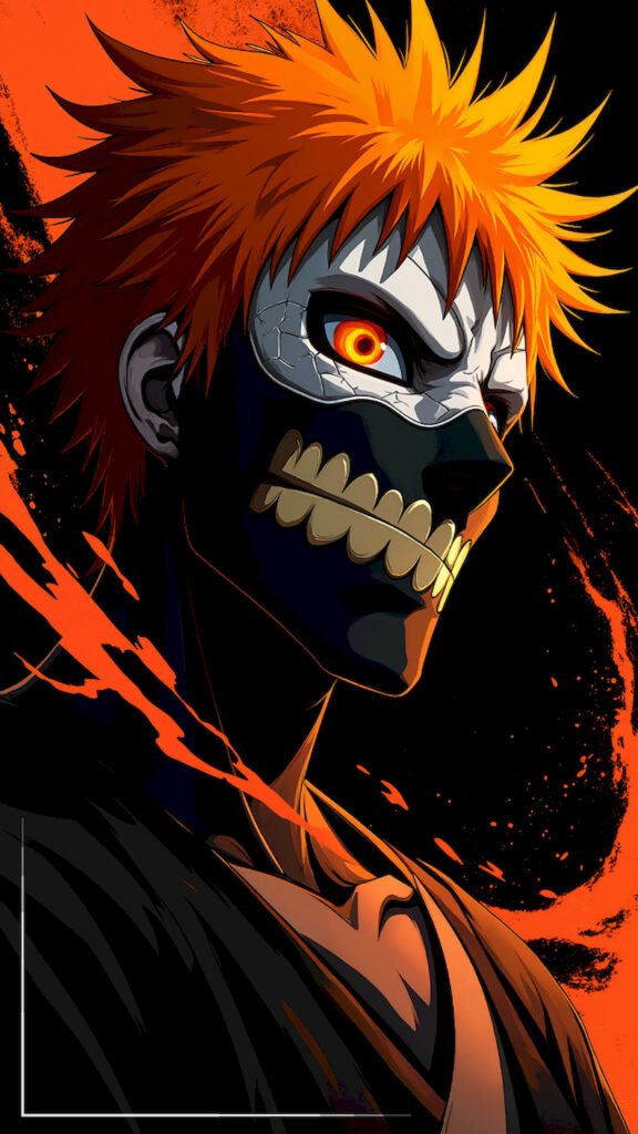 "Portrait of anime character Ichigo Kurosaki wearing a white Hollow mask with a glowing yellow eye, featuring spiky orange hair and dark background with orange artistic splashes."
