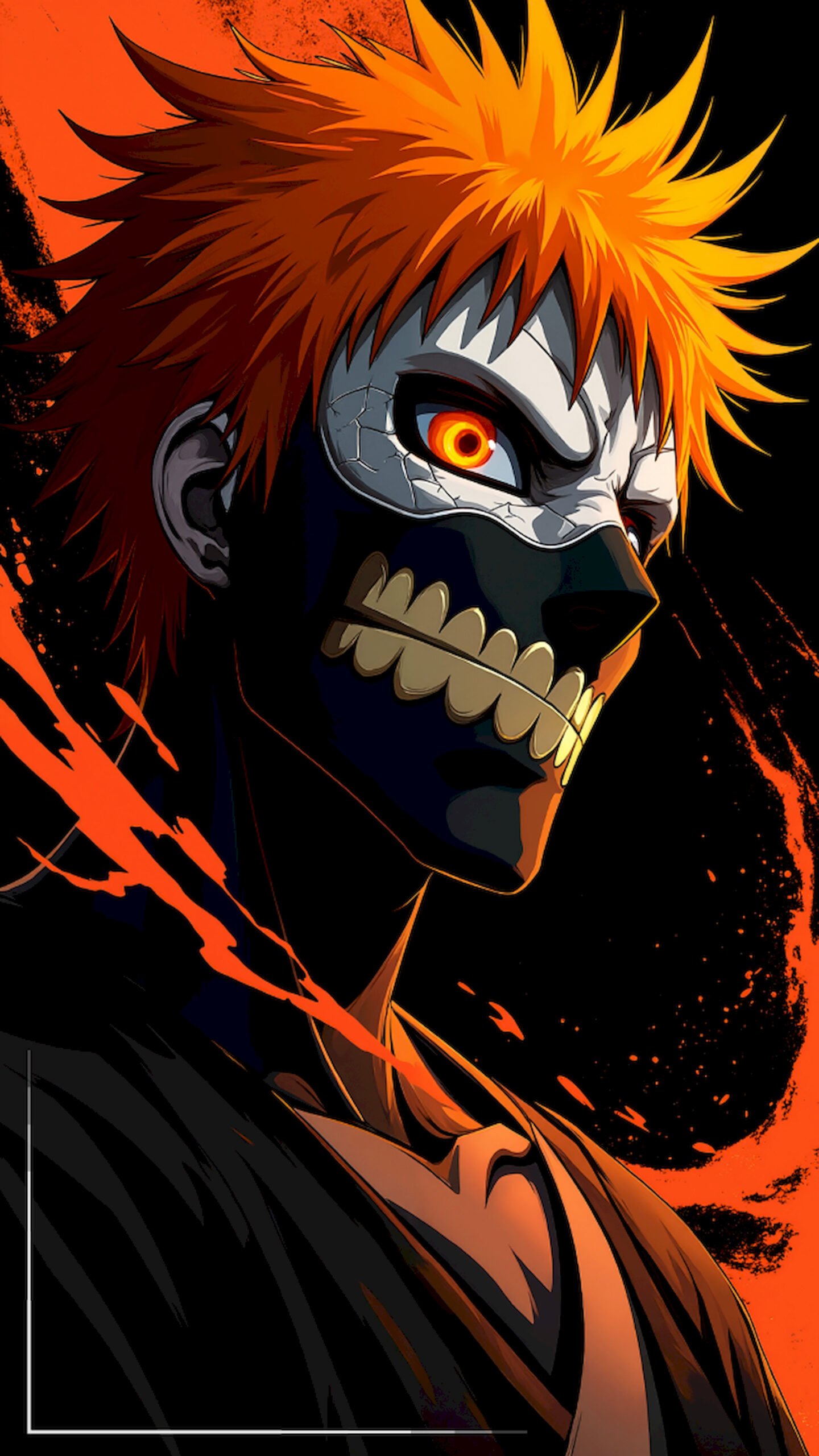"Portrait of anime character Ichigo Kurosaki wearing a white Hollow mask with a glowing yellow eye, featuring spiky orange hair and dark background with orange artistic splashes."