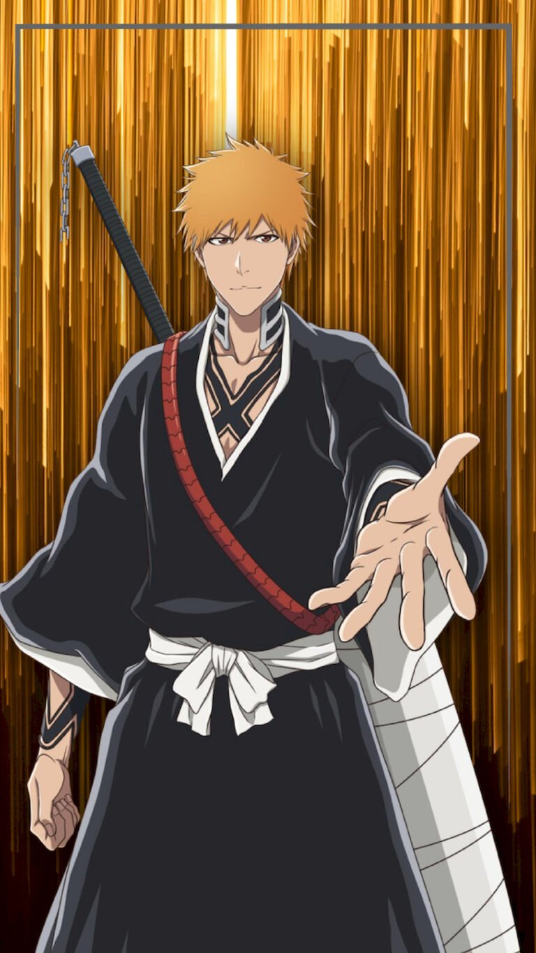 "Anime character Ichigo Kurosaki from Bleach standing and reaching his hand forward, wearing a black robe with a sword on his back, set against a background of vertical golden lines."