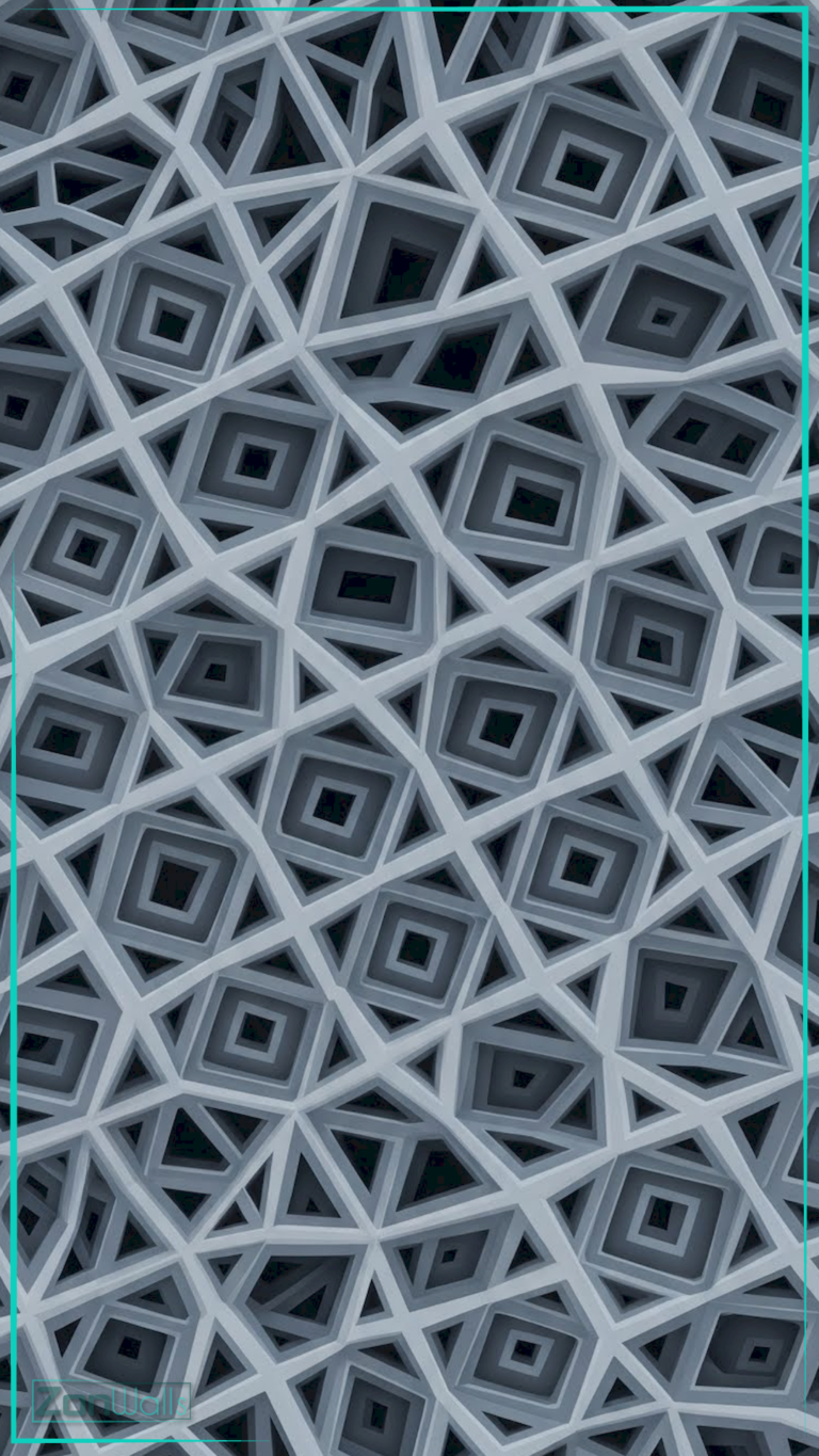 Vertical abstract wallpaper featuring a complex 3D grey geometric lattice structure with interlocking square and triangular shapes creating deep shadows and depth.