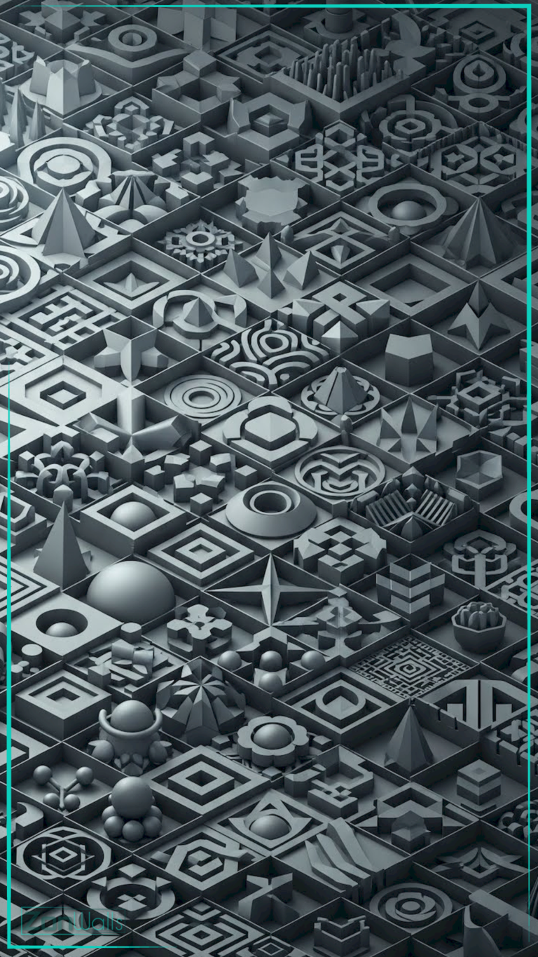 Vertical abstract wallpaper featuring a dense grid of various 3D grey geometric tiles, including pyramids, spheres, rings, and architectural shapes, creating a complex mechanical texture.