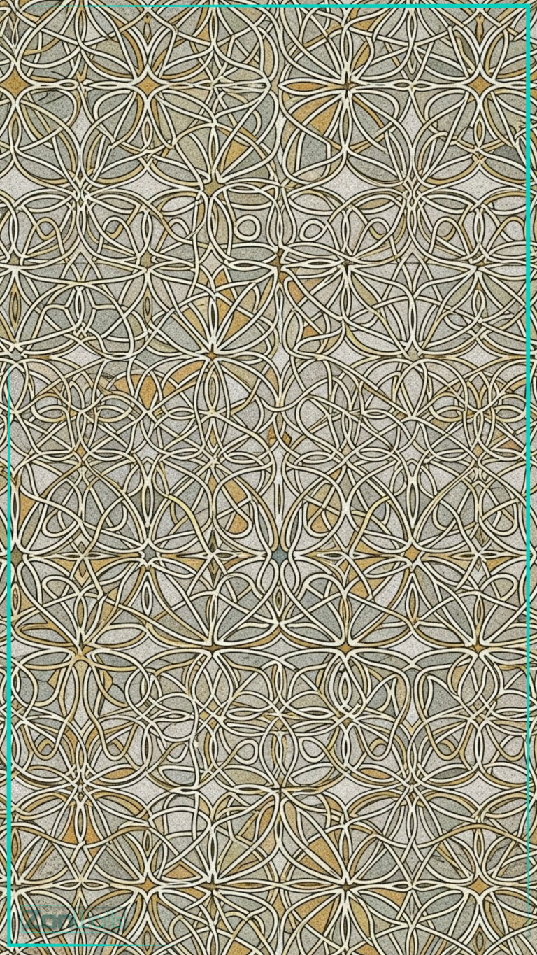 Vertical abstract wallpaper featuring a detailed repeating pattern of interwoven cream-colored curved lines forming geometric knots on a rough, textured stone background with hints of grey and ochre.