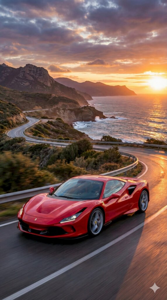 "Modern red Ferrari F8 Tributo supercar driving on a winding coastal road at sunset mobile wallpaper."