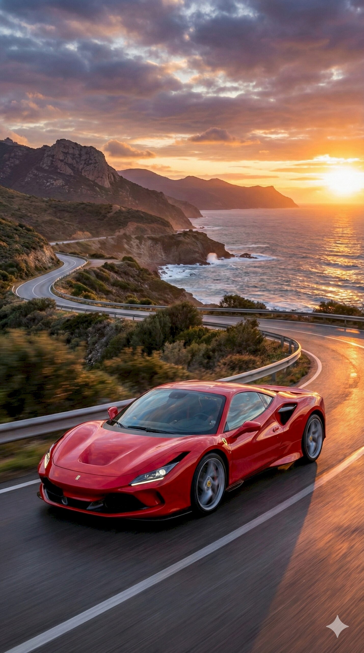 "Modern red Ferrari F8 Tributo supercar driving on a winding coastal road at sunset mobile wallpaper."