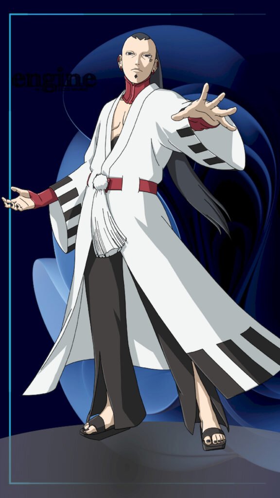 "Anime character Jigen from Boruto: Naruto Next Generations, standing in a white robe with black markings, featuring facial piercings and a dark blue abstract background."