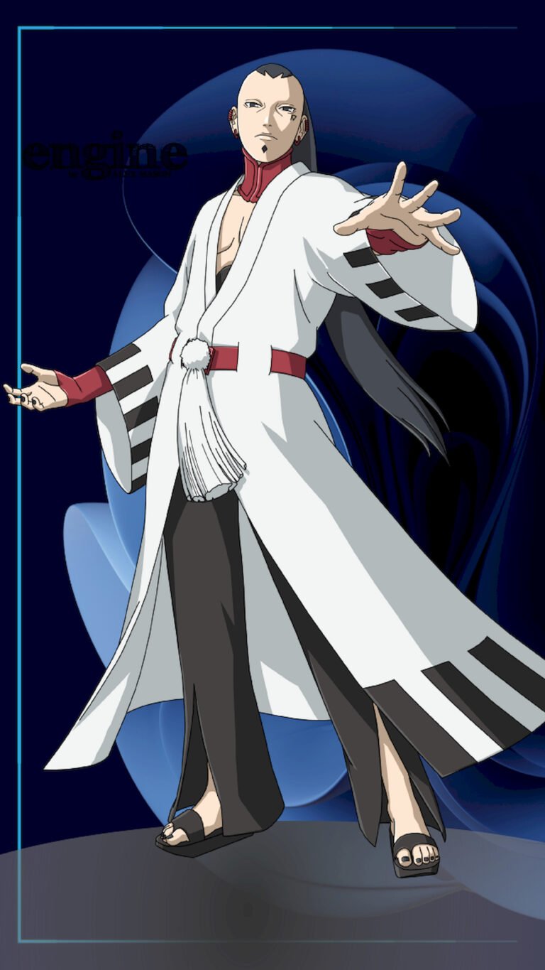 "Anime character Jigen from Boruto: Naruto Next Generations, standing in a white robe with black markings, featuring facial piercings and a dark blue abstract background."