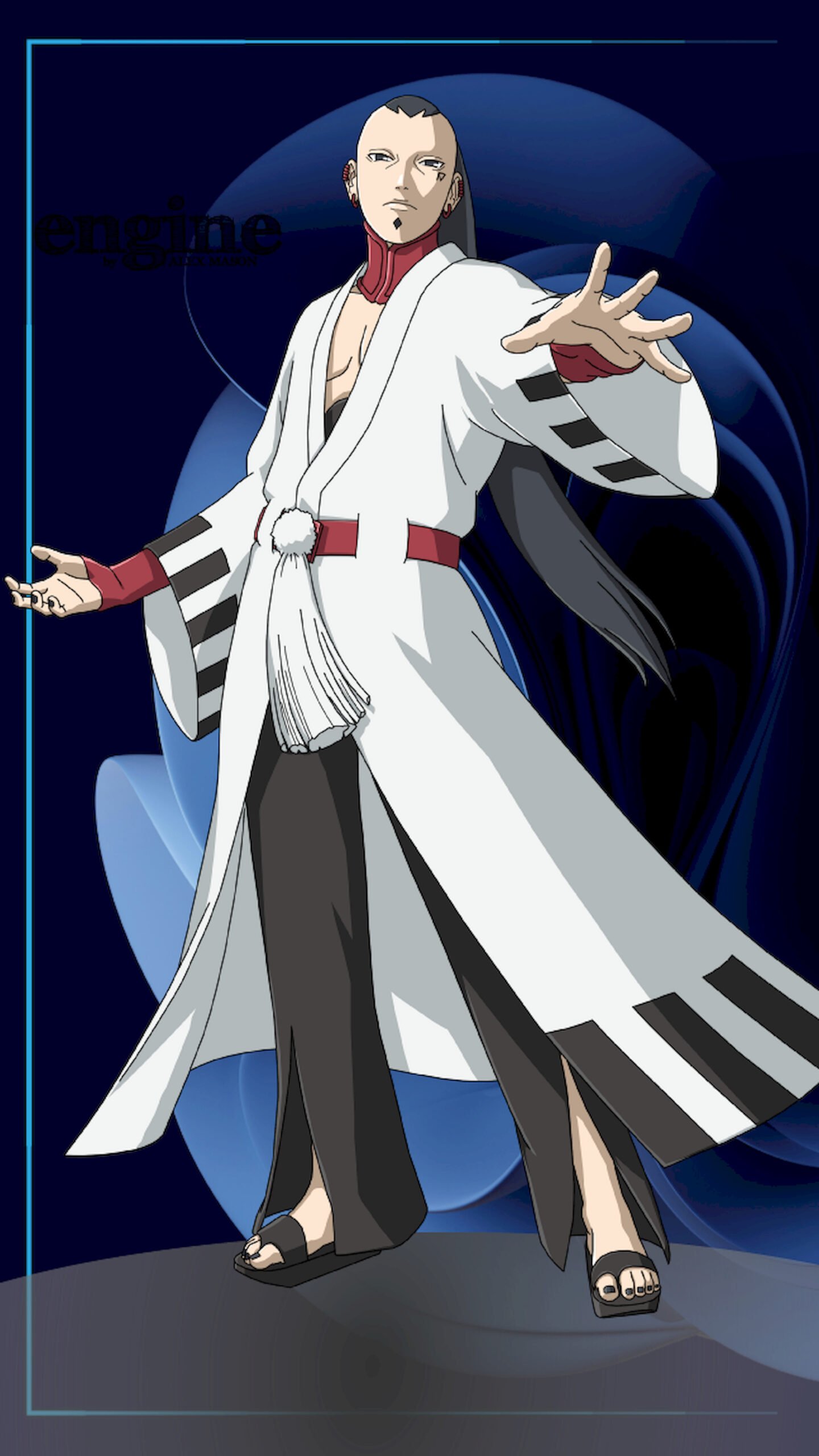 "Anime character Jigen from Boruto: Naruto Next Generations, standing in a white robe with black markings, featuring facial piercings and a dark blue abstract background."