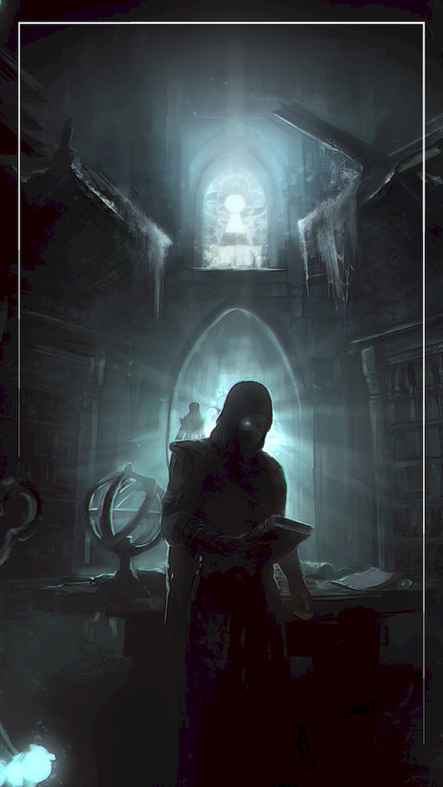 A mysterious hooded character standing in a dark library reading a book, with light streaming through a keyhole-shaped window in the background.