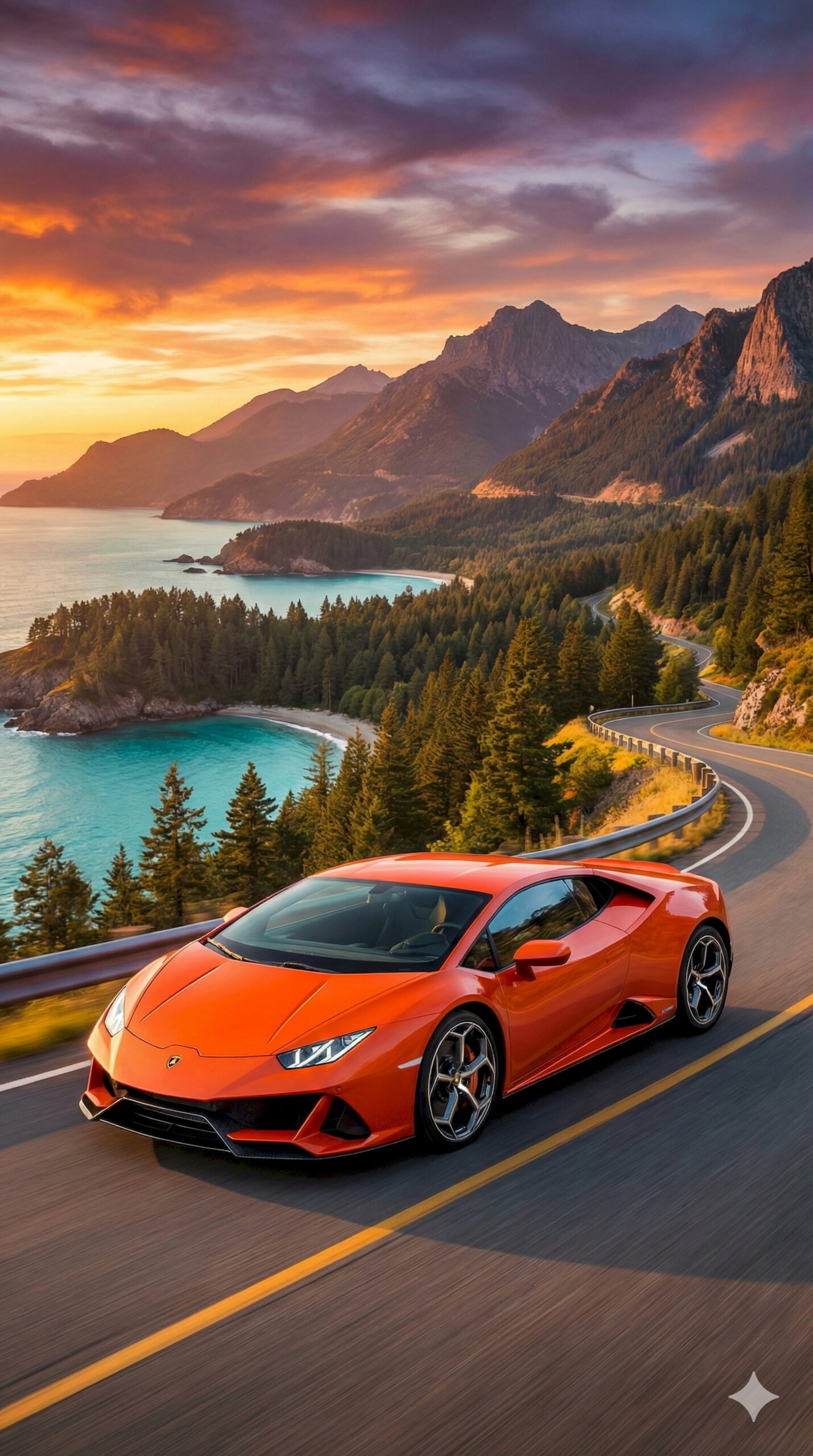 "Orange Lamborghini supercar driving on a winding coastal road during sunset mobile wallpaper."