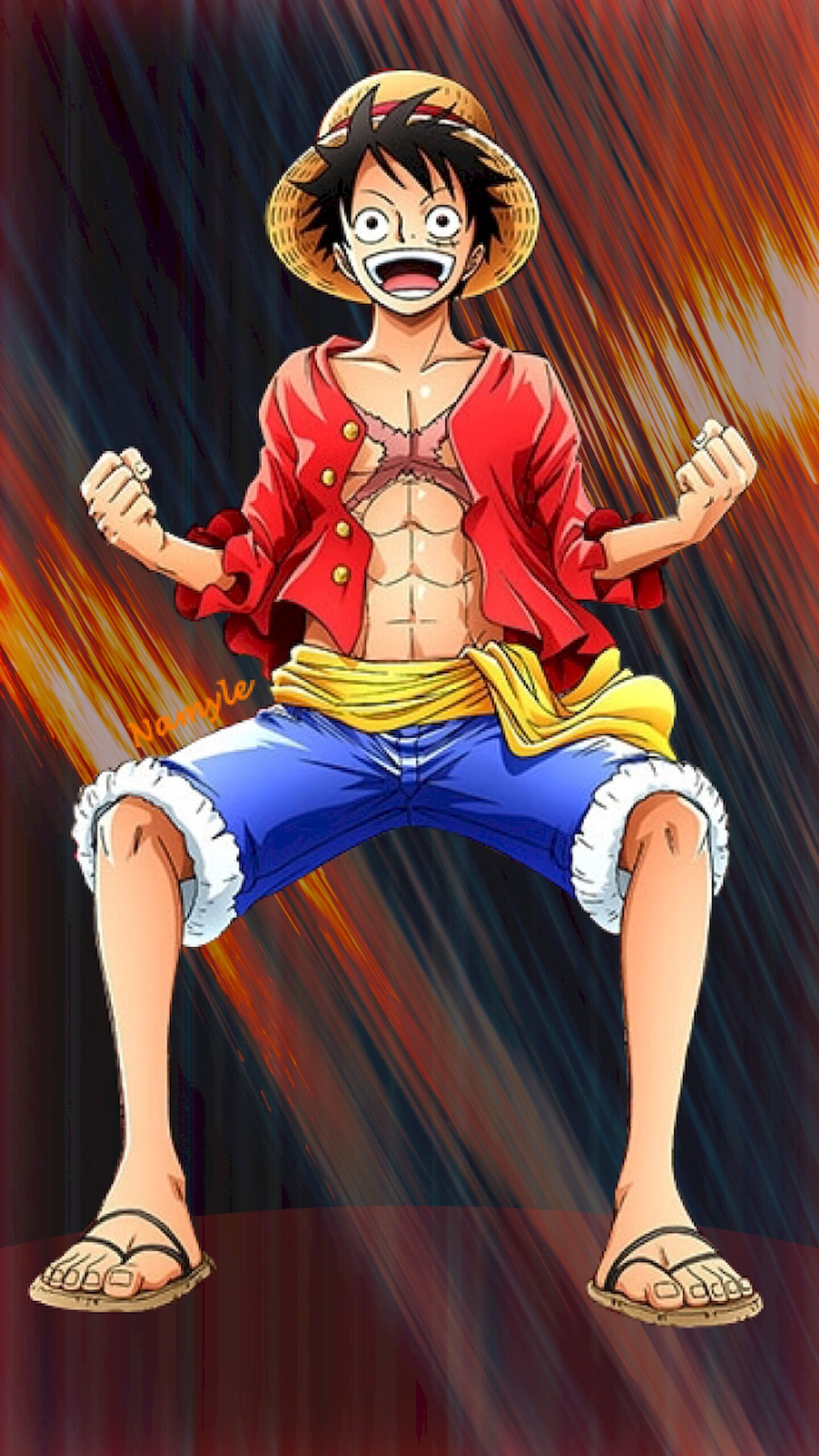 "One Piece character Monkey D. Luffy in Gear 2 stance, squatting with hands on knees and steam rising from his body, ready to attack against a dynamic speed line background."
