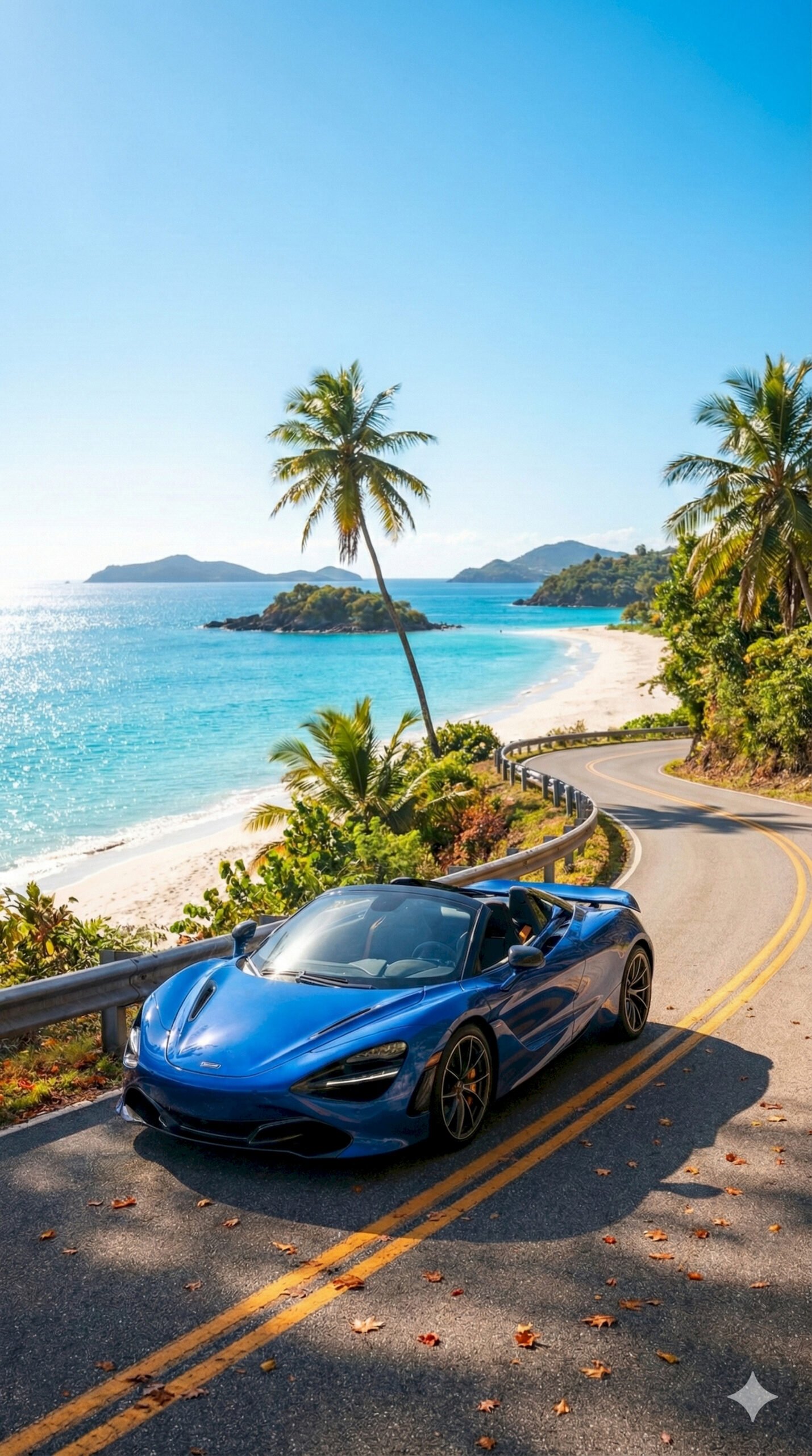 "Blue McLaren 720S convertible driving on a tropical beach road with palm trees and ocean view mobile wallpaper."