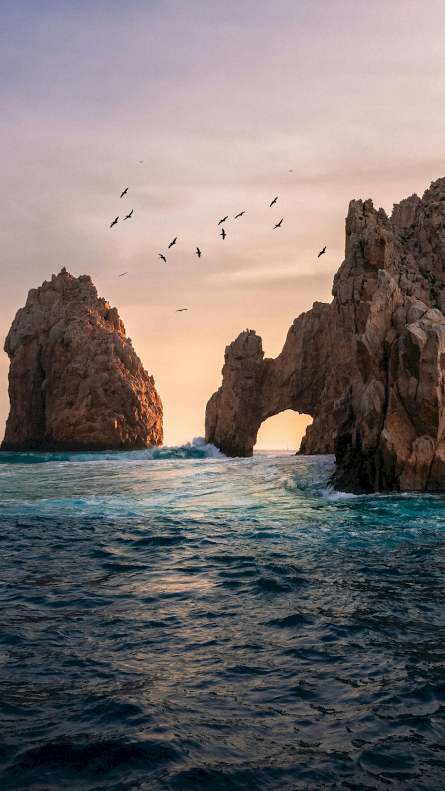 Scenic view of a natural rock arch in the ocean at sunset with a flock of birds flying over crashing waves.