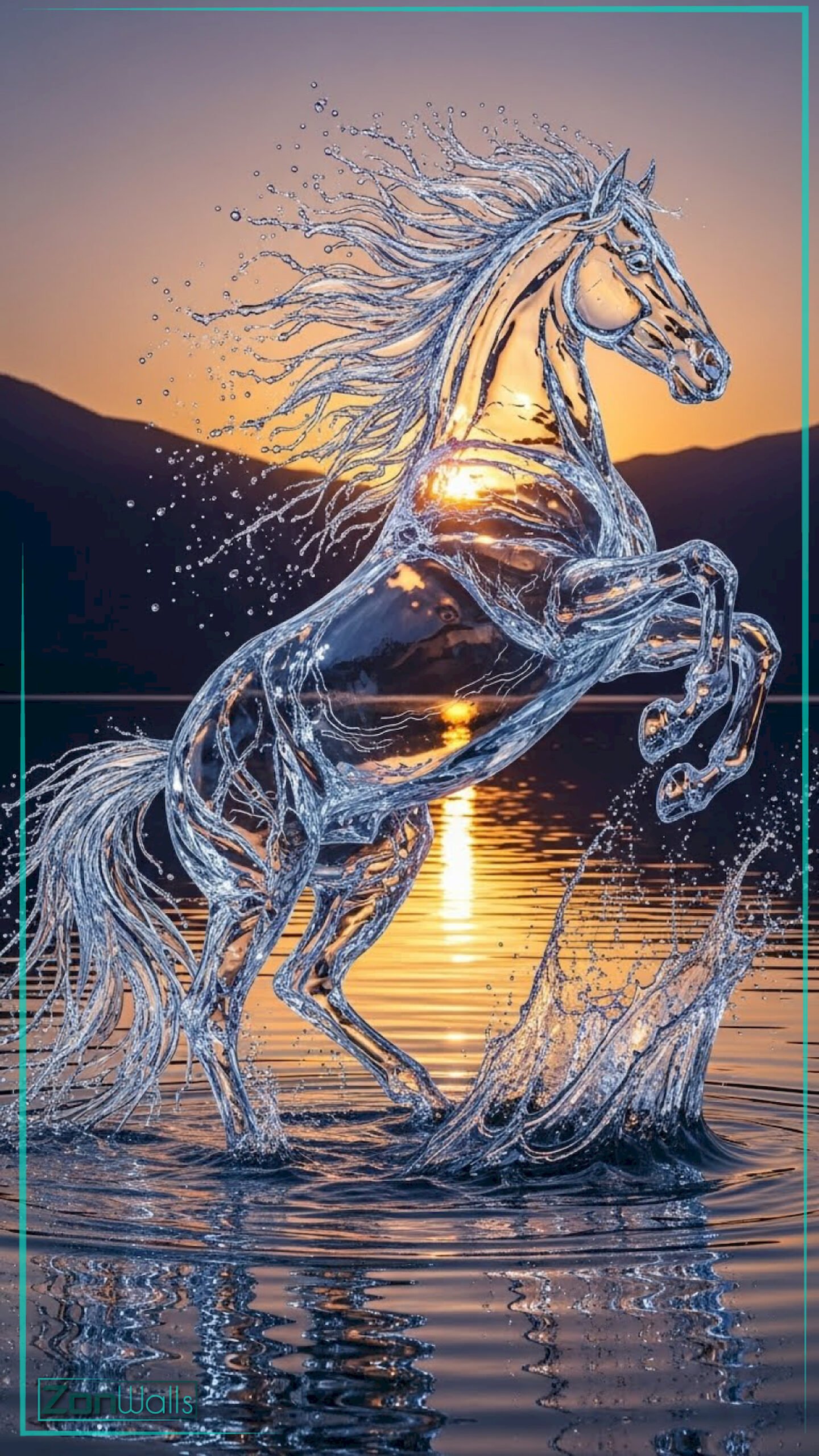A vertical majestic water horse wallpaper featuring a translucent liquid stallion rearing up from a lake against a golden sunset background.