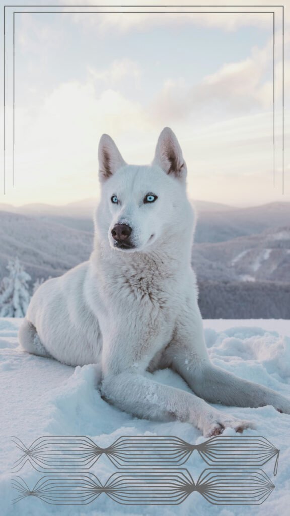 "White wolf lying in the snow on a mountain top, looking to the side with bright blue eyes, featuring a clean winter background and geometric lines at the bottom."