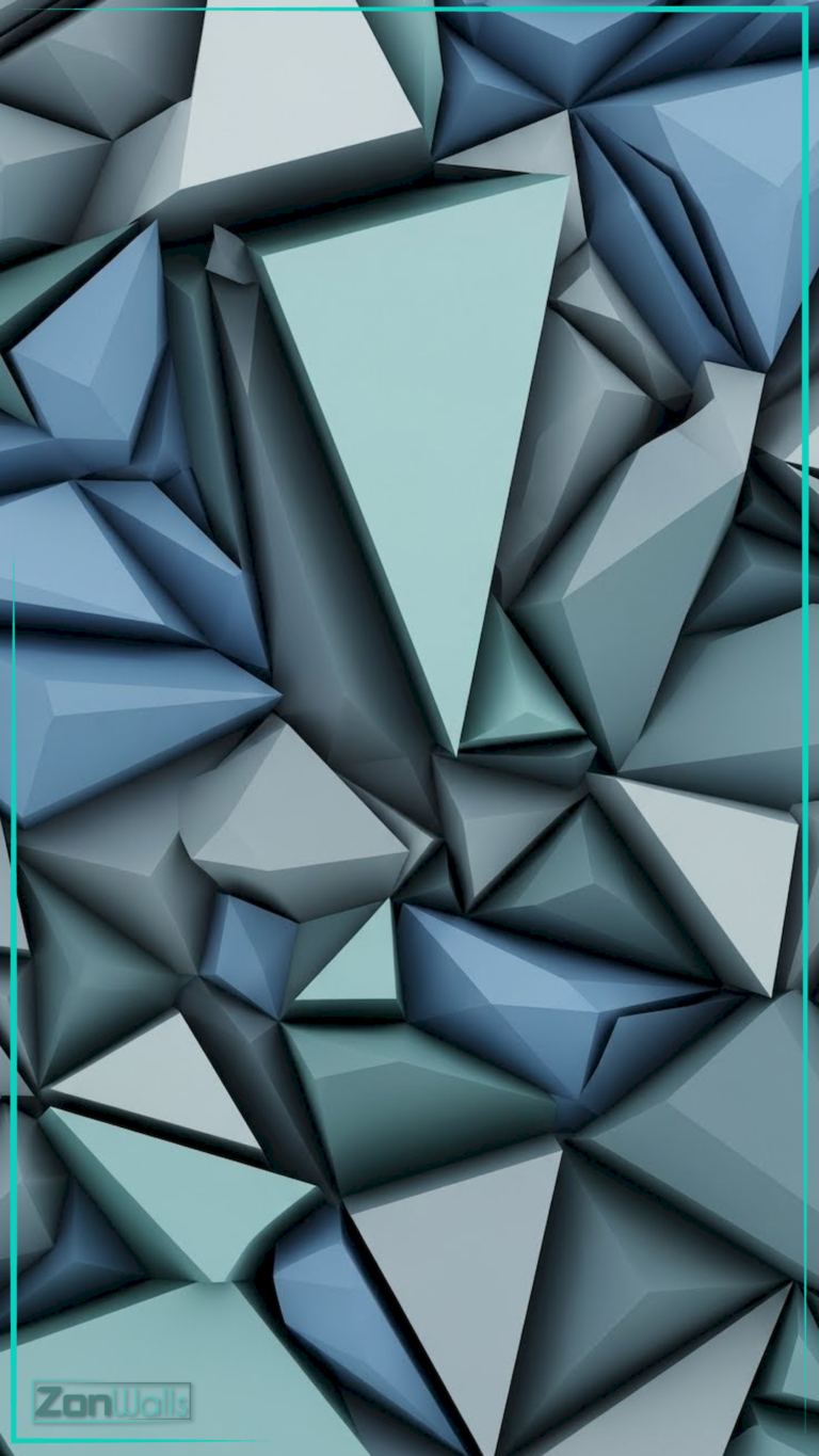 Vertical abstract wallpaper featuring a chaotic arrangement of large 3D triangles and polygons in various shades of blue, teal, and grey, creating a sharp, faceted surface texture.