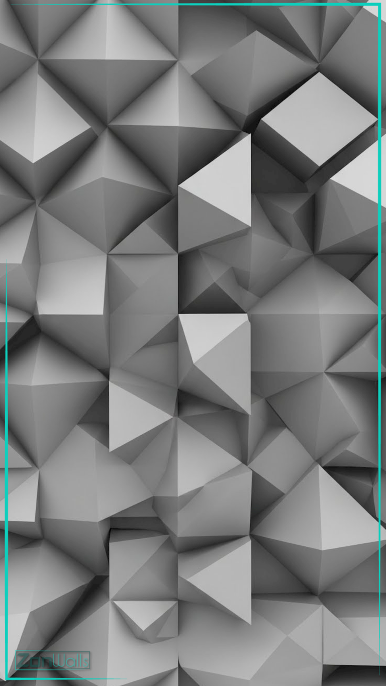 Vertical abstract wallpaper featuring a chaotic arrangement of grey 3D triangles and pyramids, creating a sharp, faceted crystal-like texture with deep shadows.