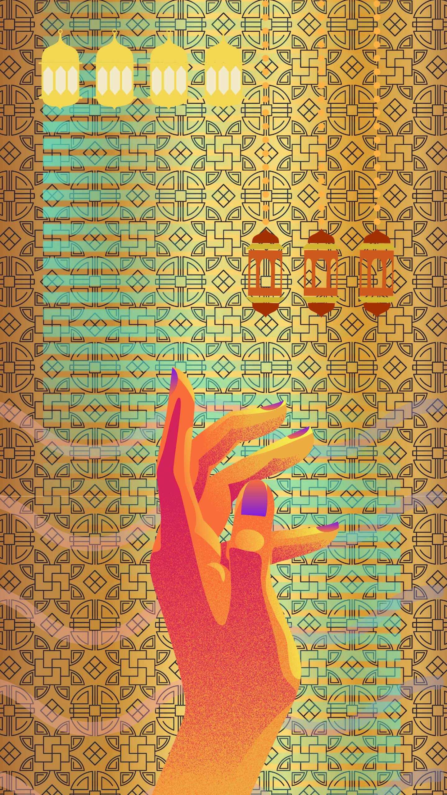 Artistic phone wallpaper featuring an orange stylized hand against a golden geometric pattern background with hanging lanterns.