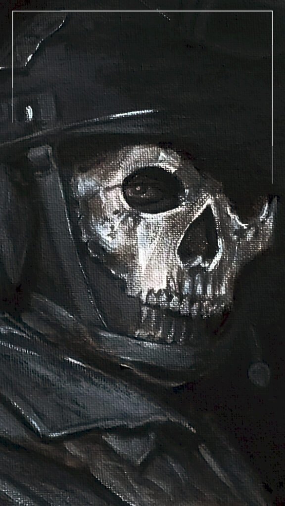 Close-up digital painting of a soldier wearing a tactical helmet and a metallic skull mask, looking to the side with a dark, gritty background.