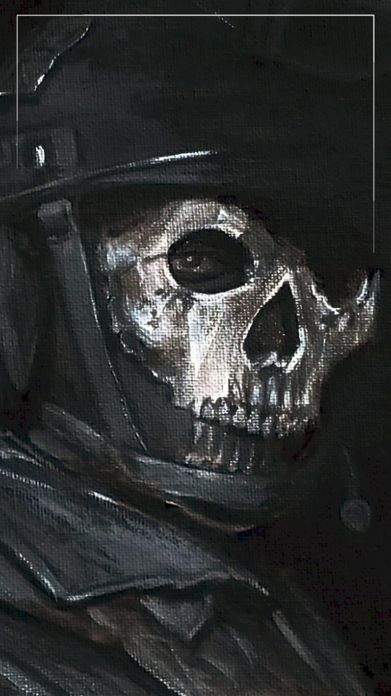 Close-up digital painting of a soldier wearing a tactical helmet and a metallic skull mask, looking to the side with a dark, gritty background.