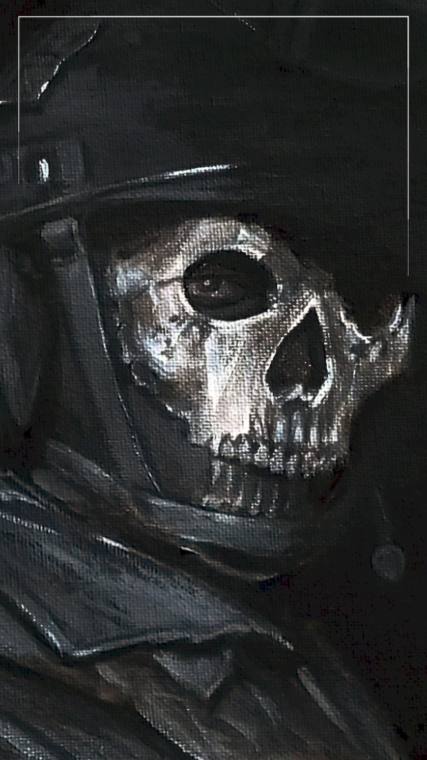 Close-up digital painting of a soldier wearing a tactical helmet and a metallic skull mask, looking to the side with a dark, gritty background.