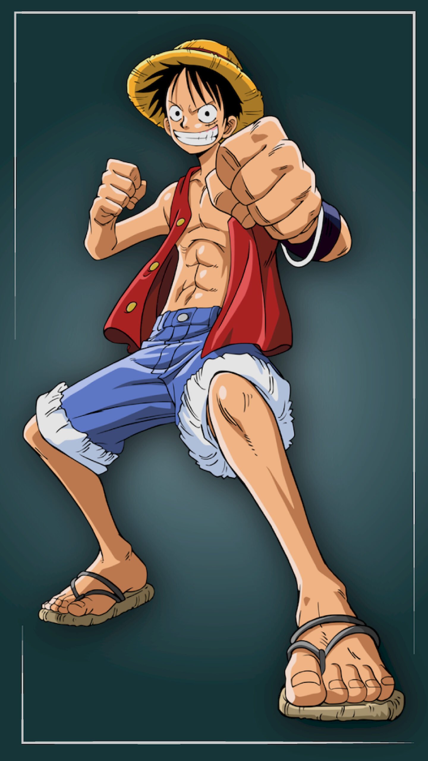 "Anime character Monkey D. Luffy from One Piece in a fighting stance with a fist raised, wearing a straw hat, red vest, and blue shorts against a dark blue gradient background."
