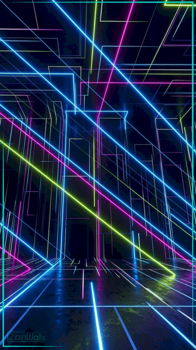 Vertical abstract wallpaper featuring a 3D dark space filled with intersecting glowing neon lines in blue, pink, and yellow, creating a futuristic laser grid effect with reflections on the floor.