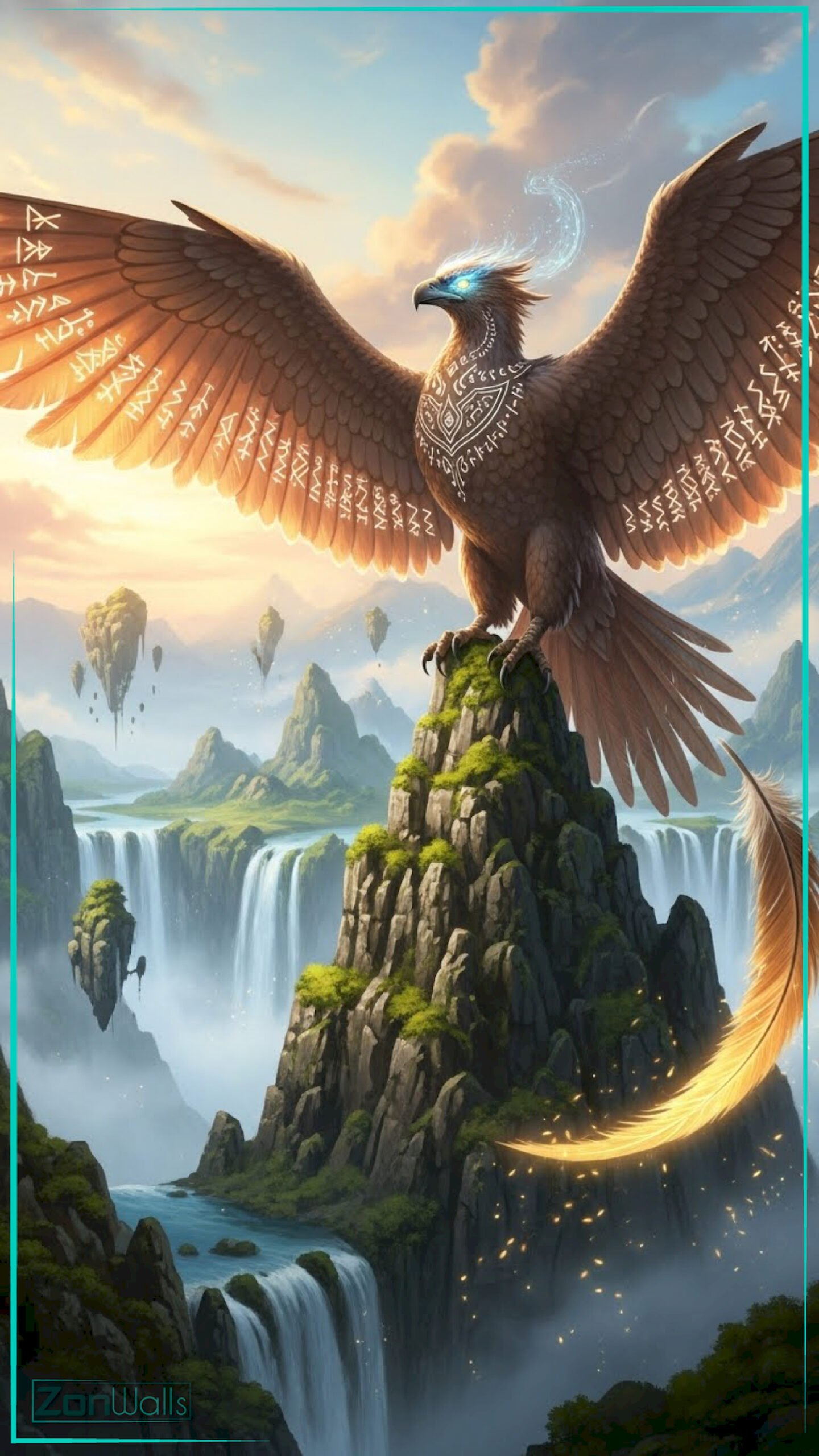 A vertical mystic rune eagle wallpaper featuring a majestic brown bird with glowing ancient white runes on its wings perched on a mossy rock overlooking floating islands and waterfalls.