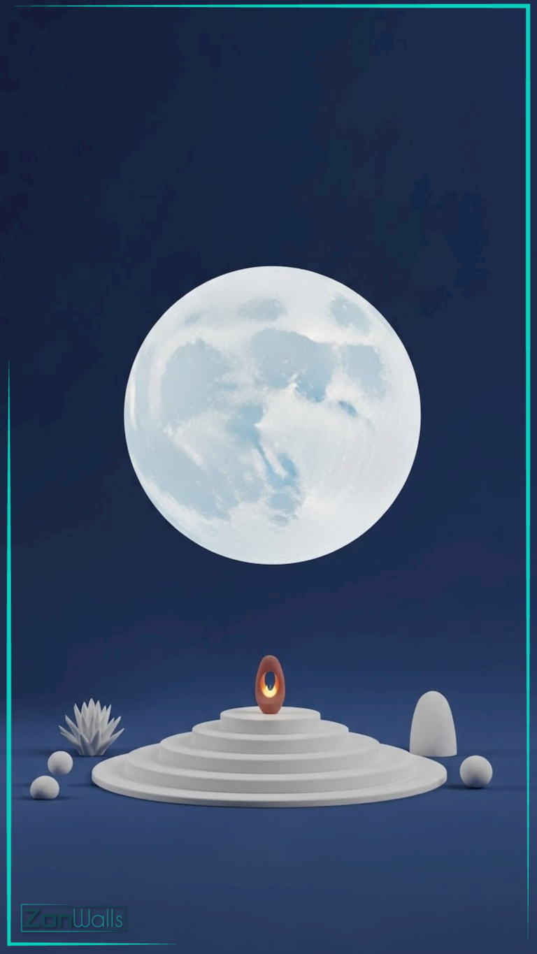 Vertical surreal wallpaper featuring a large white moon with cloud textures floating above a white stepped podium holding a small orange flame, set against a deep blue background with geometric shapes.