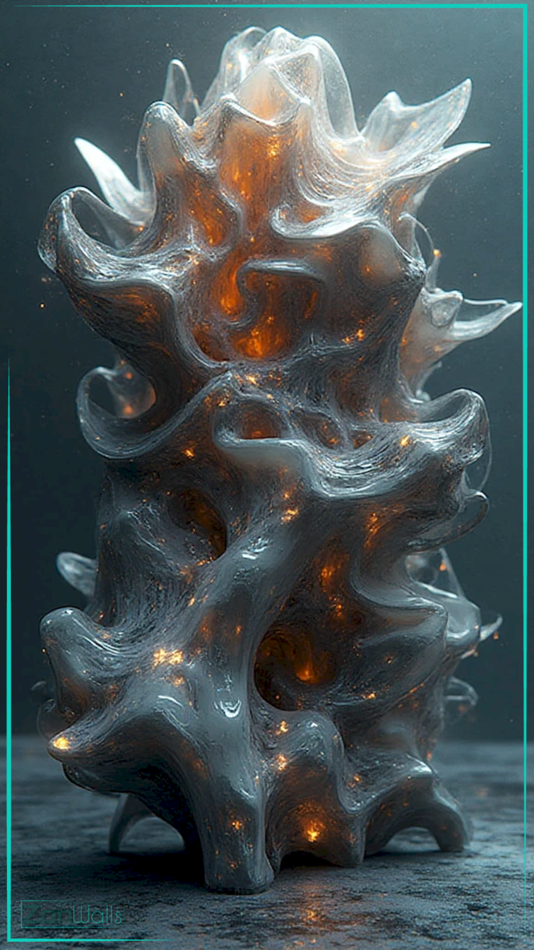 Vertical abstract wallpaper featuring a twisted, melting white organic shape with a glossy, translucent texture, illuminated by glowing golden embers from within against a dark background.