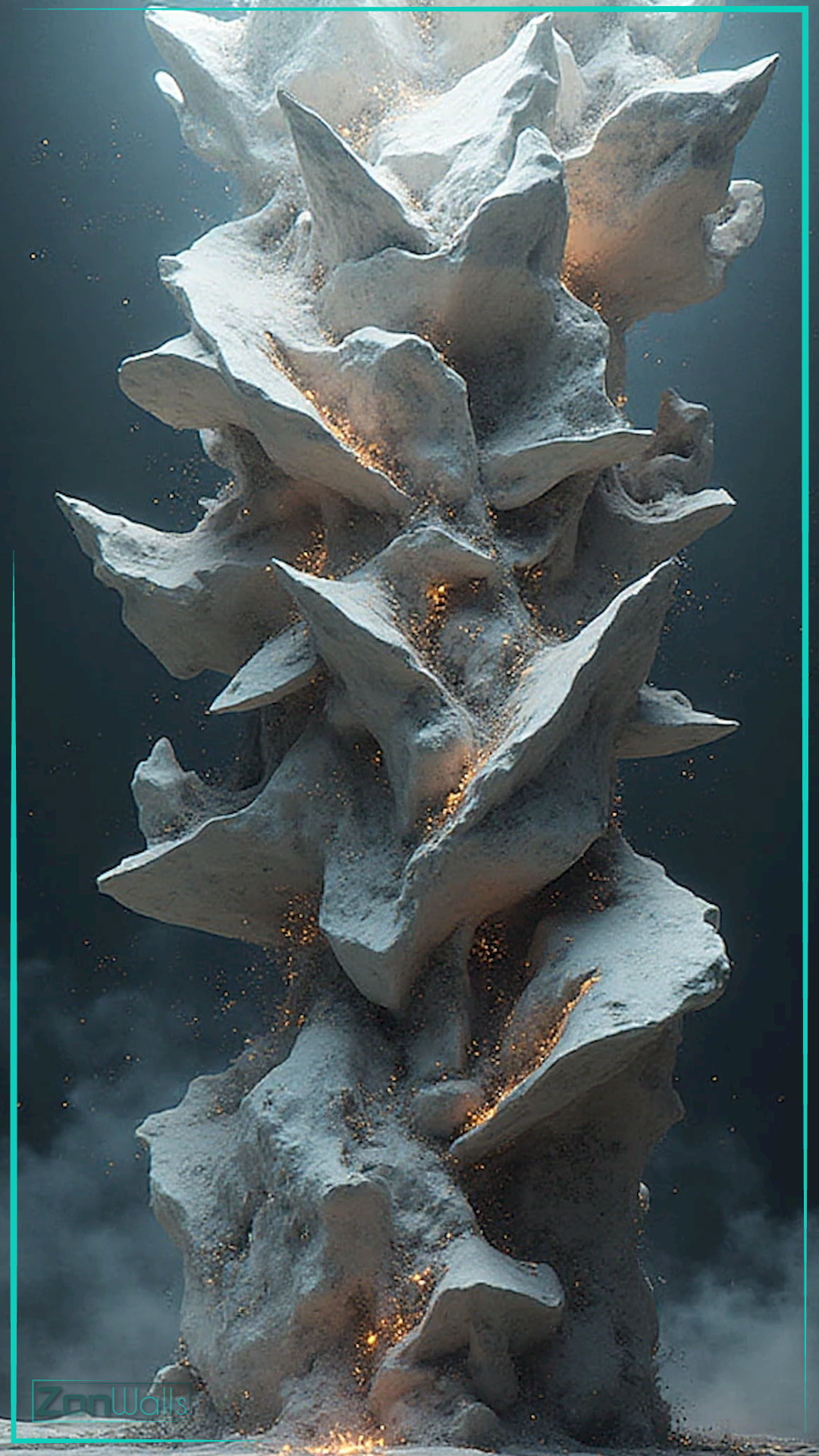 Vertical abstract white stone structure with jagged edges and glowing gold embers arising from within, set against a dark smoky background.