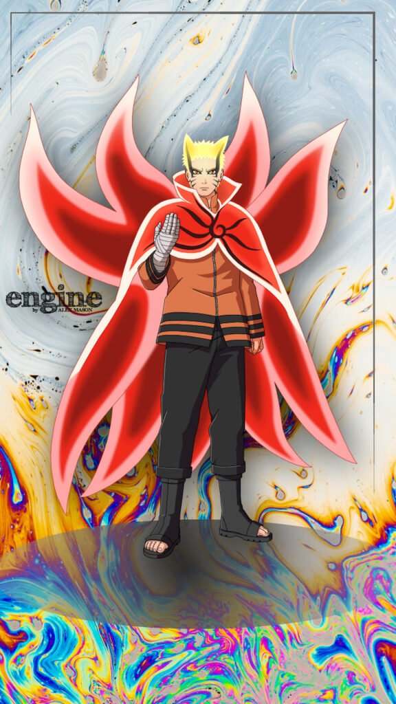 "Anime character Naruto Uzumaki standing in Baryon Mode with nine red chakra tails fanned out behind him, wearing his orange and black outfit against a colorful abstract liquid background."