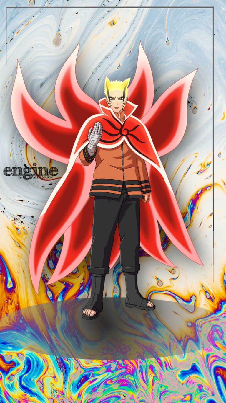 "Anime character Naruto Uzumaki standing in Baryon Mode with nine red chakra tails fanned out behind him, wearing his orange and black outfit against a colorful abstract liquid background."