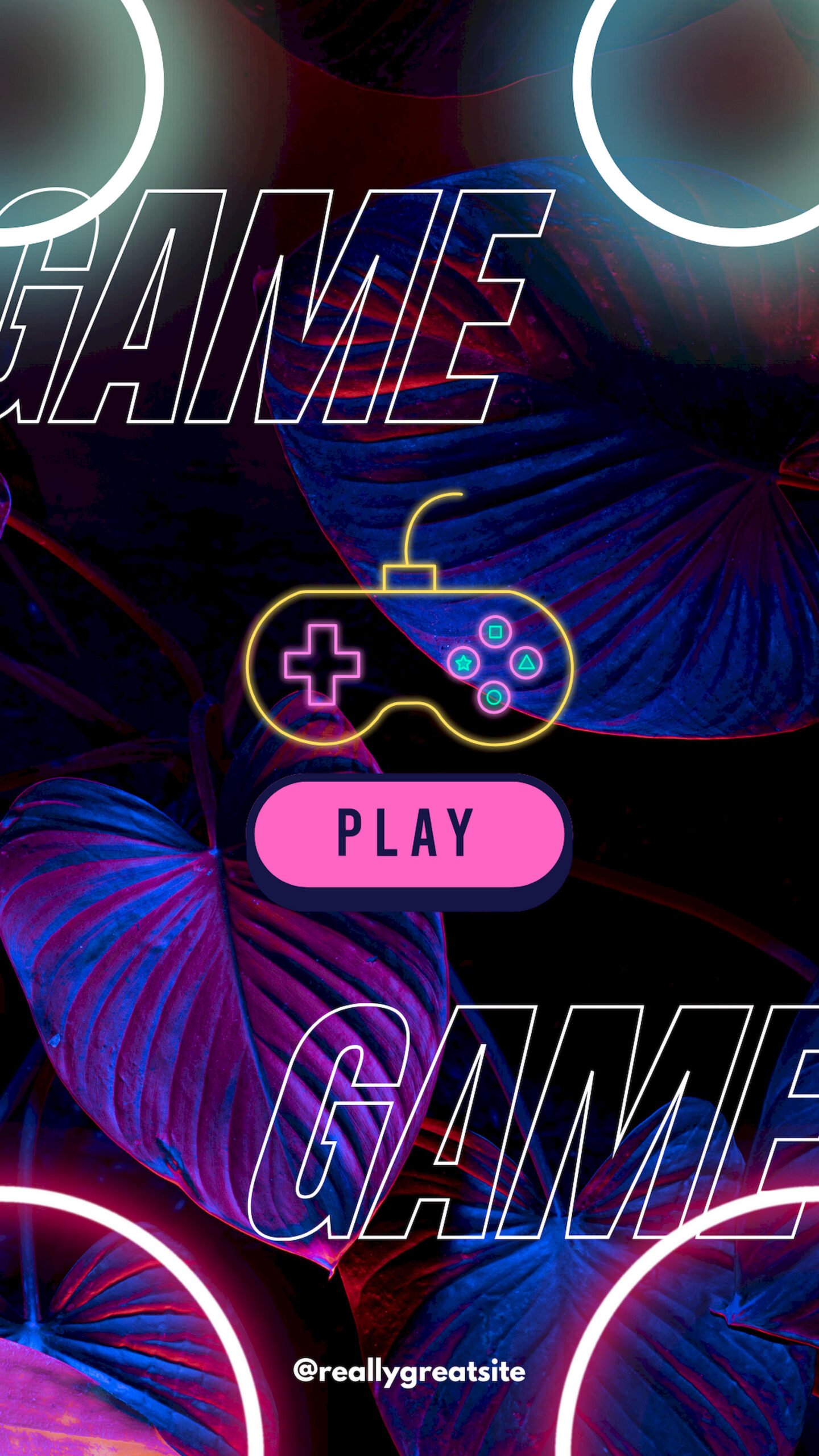 Neon glowing game controller icon and pink 'PLAY' button on a dark background of blue and purple tropical leaves with 'GAME' text overlays.