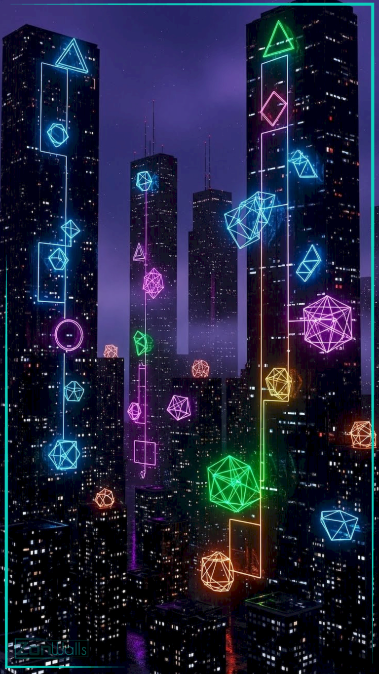 Vertical digital art wallpaper featuring dark skyscrapers at night illuminated by a vertical network of glowing neon geometric shapes like cubes, pyramids, and polygons in blue, pink, and green.