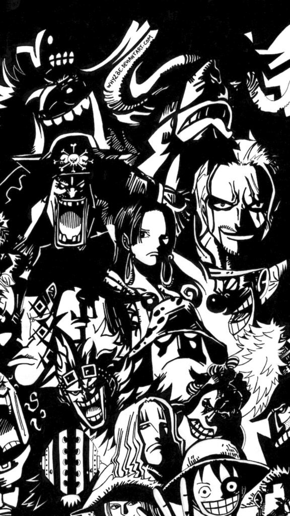 "Black and white manga collage wallpaper featuring One Piece legends including Gol D. Roger laughing, Whitebeard, Shanks, Buggy, Rayleigh, and Oden in a dynamic composition."