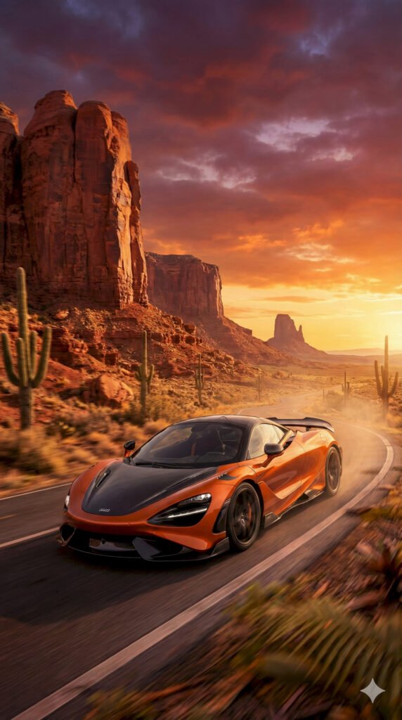 "Orange McLaren supercar driving fast on a desert road with red rocks and cactus at sunset."