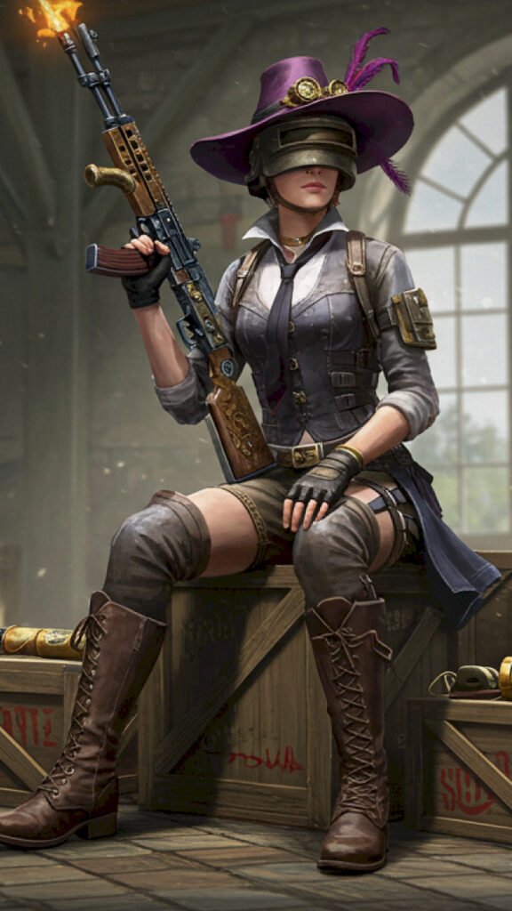 Female PUBG Mobile character sitting on a wooden crate holding an AKM rifle, wearing a purple hat with feathers and a steampunk-style outfit.