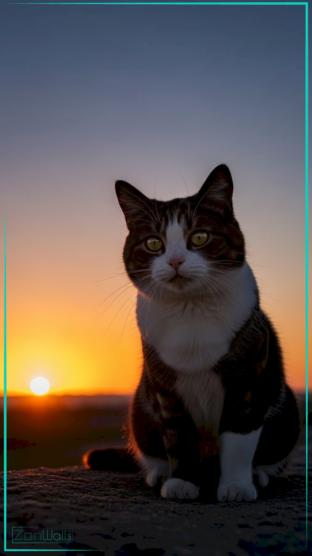 Portrait of a tabby and white cat sitting outdoors during sunset, illuminated by the warm glow of the sun against a purple and orange sky.