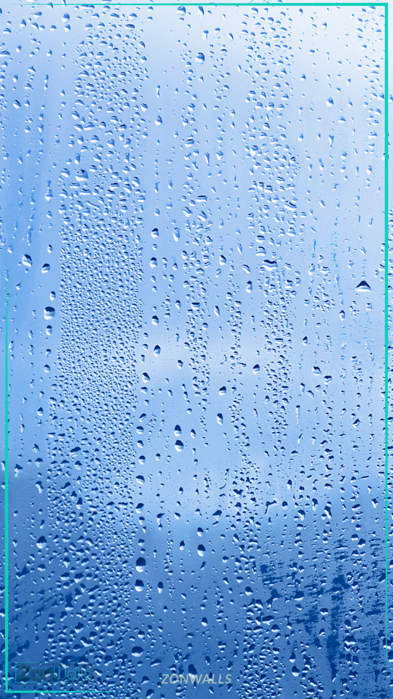 Vertical wallpaper featuring a close-up texture of water droplets and condensation on a glass surface with a cooling blue gradient background.