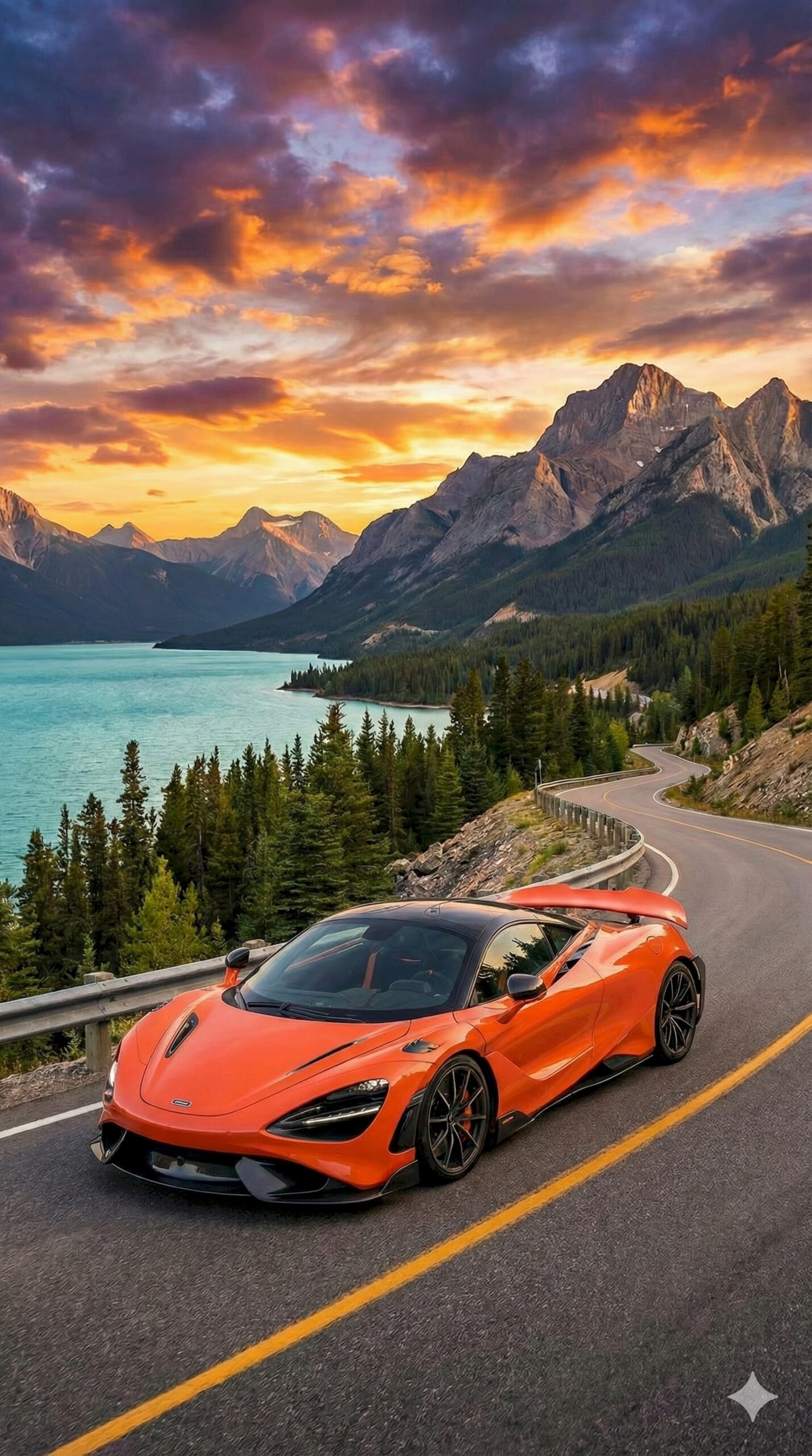 "Blue Ford Raptor F-150 truck driving on a snow-covered road with snowy mountains and sunset mobile wallpaper."