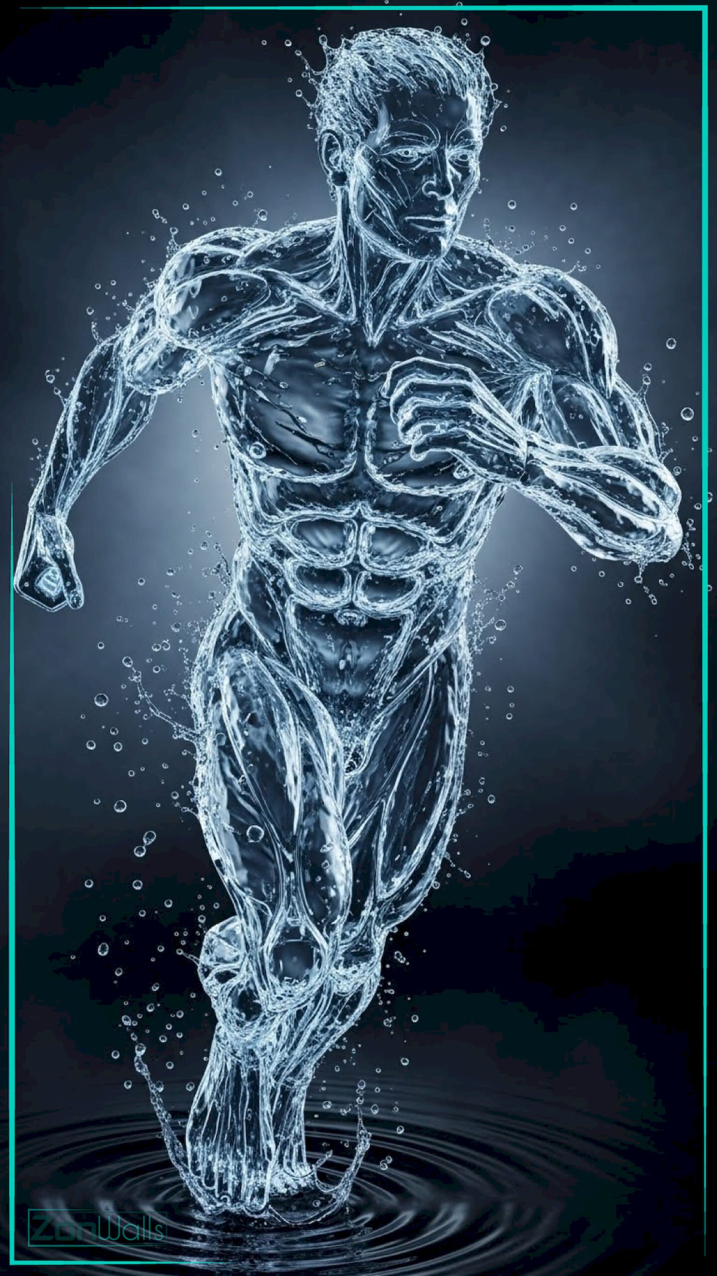 A vertical running water man wallpaper featuring a muscular male figure composed of splashing water sprinting dynamically against a dark blue background.