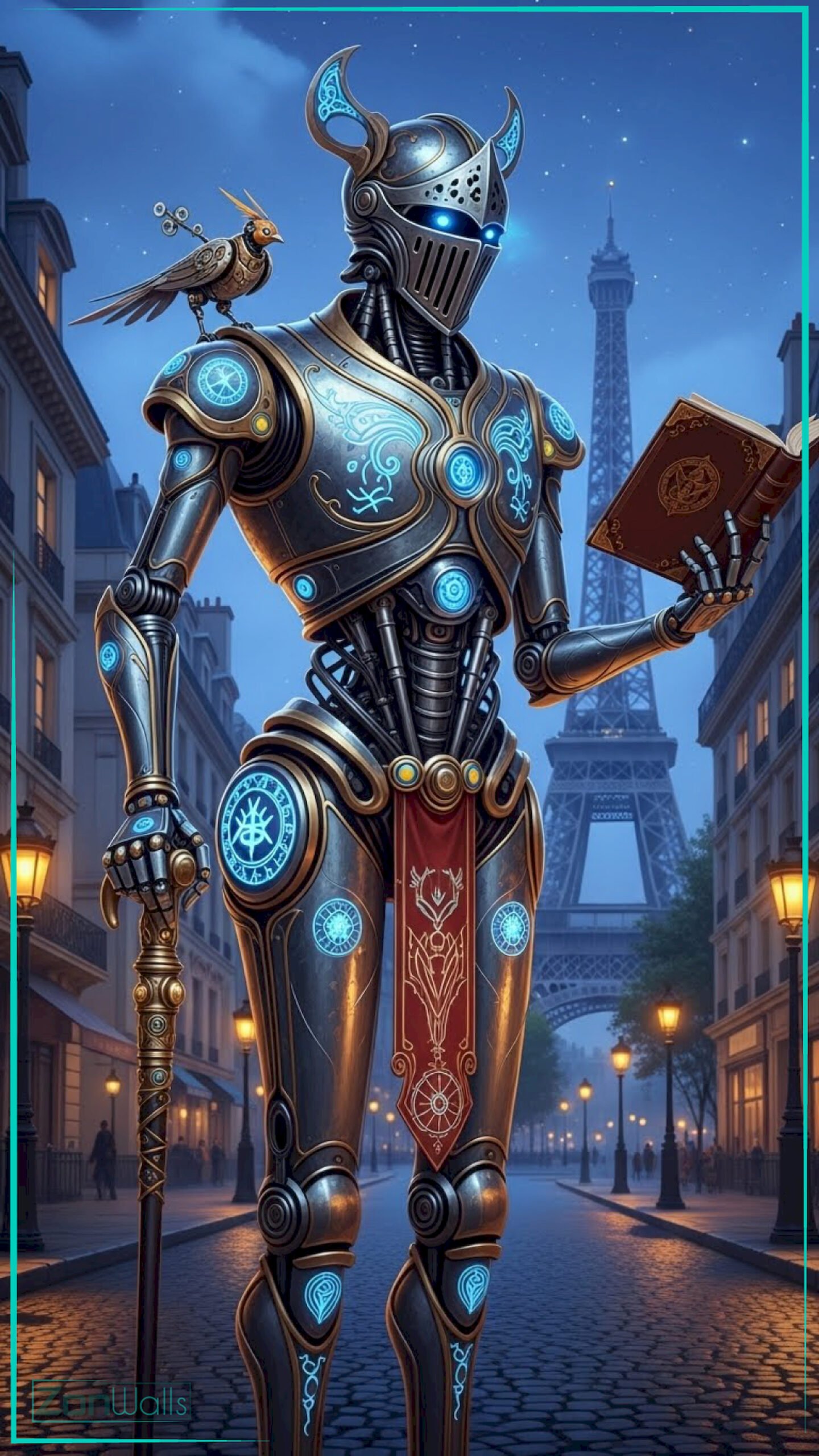 A vertical steampunk robot wallpaper featuring an armored android reading a book on a cobblestone street in Paris at night with the Eiffel Tower in the background.