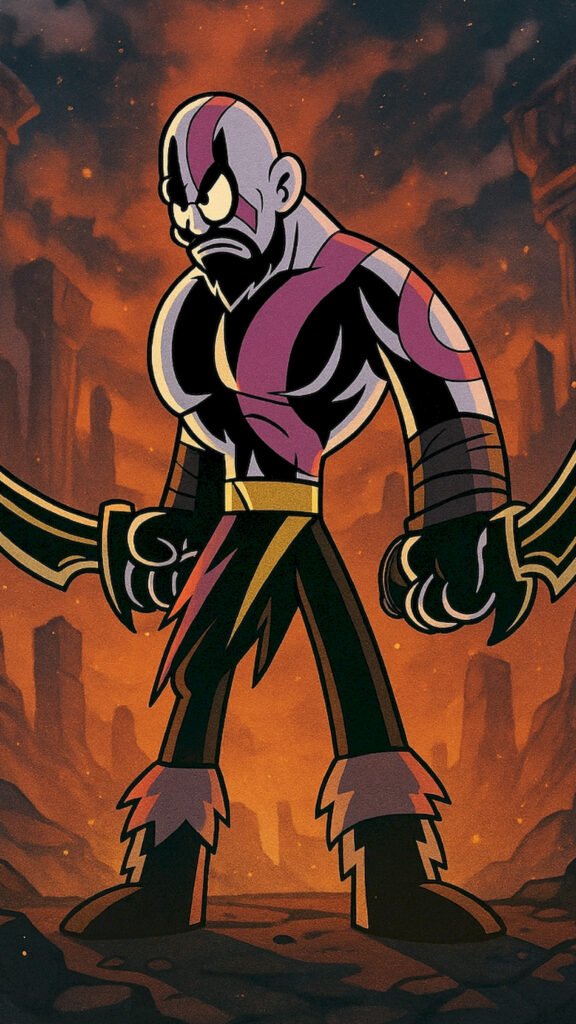 Stylized cartoon illustration of Kratos from God of War holding the Blades of Chaos in a fiery rocky landscape.