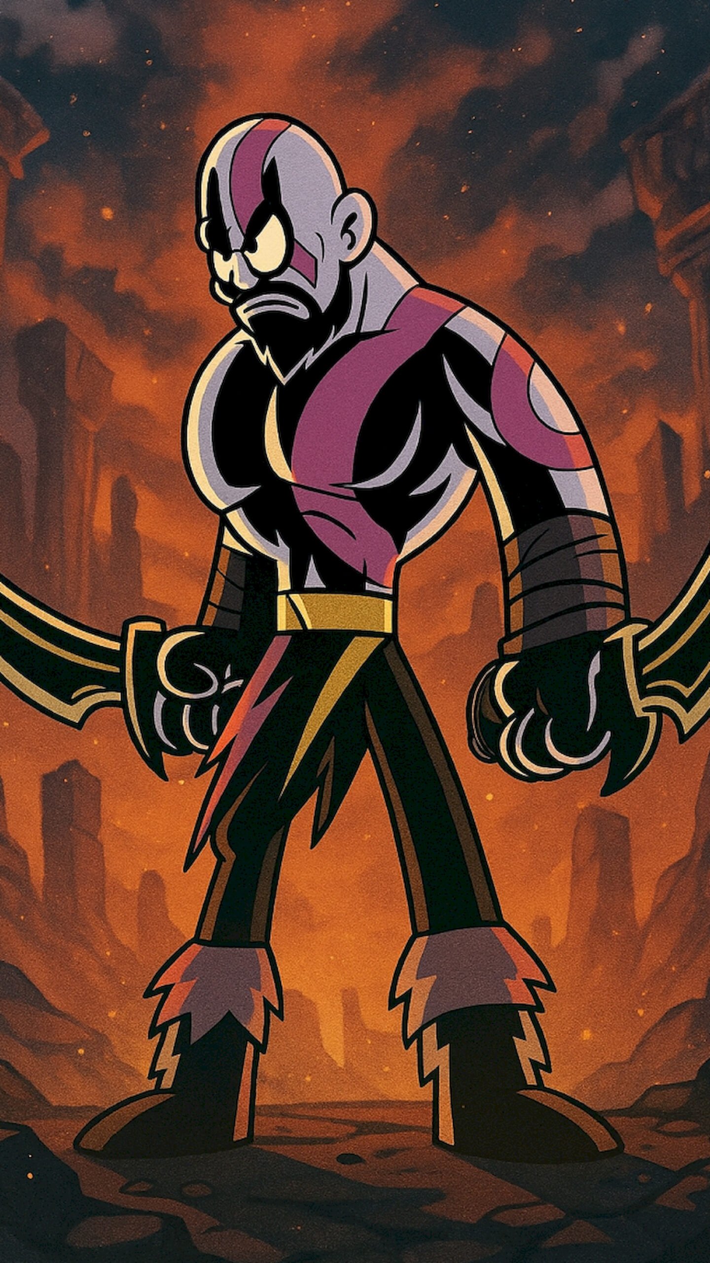Stylized cartoon illustration of Kratos from God of War holding the Blades of Chaos in a fiery rocky landscape.