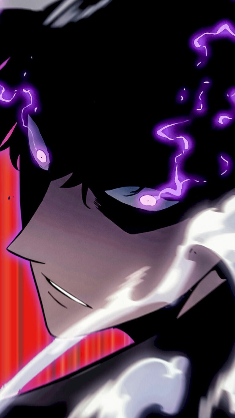 "Close-up profile of Sung Jin-Woo from Solo Leveling, featuring dark hair and a glowing purple eye with a smoky aura effect on a dark background."